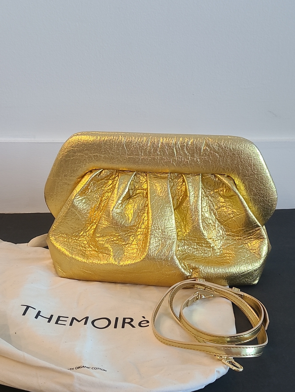 THEMOIRÈ Crinkled Metallic Gold Clutch Bag With Optional Strap
